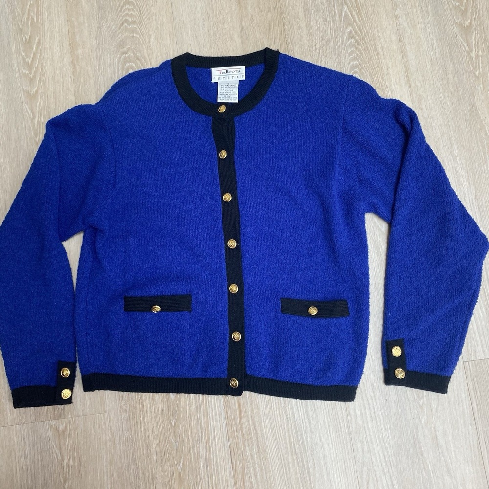 VTG Talbots PS Royal Blue Wool Blend Knit Cardigan Sweater Gold Crest Button